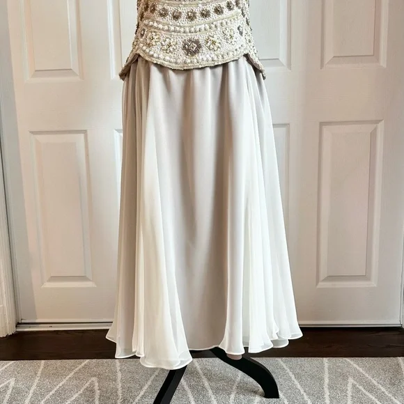 George F. Couture Champagne Hand-beaded and Silk Formal Evening Gown - Picture 6 of 10